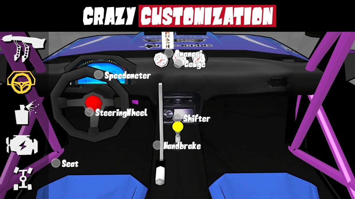 FR Legends Crazy Customization screen showing car interior controls