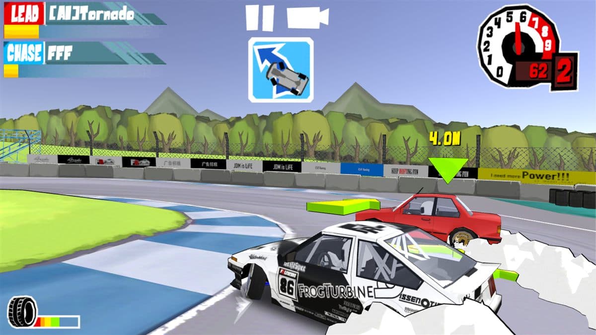 In-game screenshot of a drift car driving on a track in FR Legends